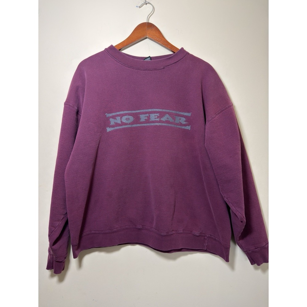 Vintage NO FEAR USA Made Distressed Sweatshirt Maroon Logo Pullover XL Skate